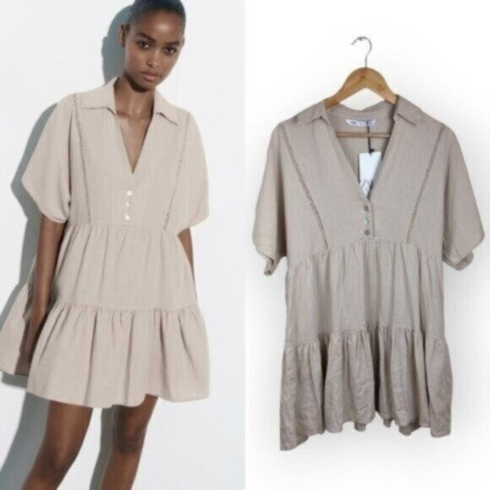 Zara Linen Blend Lace Trim Mini Dress Size Small Women